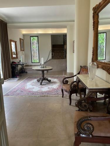 - un salon avec une table et un tapis dans l'établissement Beautiful Master House Louhans center, à Louhans