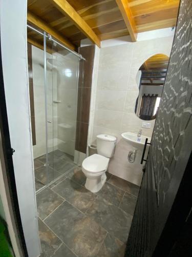 a bathroom with a toilet and a glass shower at Habitación tipo loft turistico in Mariquita