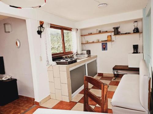 a kitchen with a sink and a table in a room at Hotel Jardines del Carmen in San Cristóbal de Las Casas