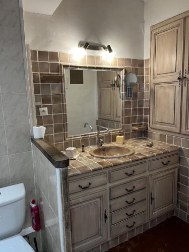 une salle de bain avec un lavabo et un miroir dans l'établissement Au coeur du village avec petit balcon plein sud, à Tourtour
