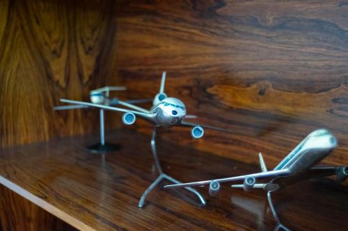 a toy plane sitting on top of a wooden floor at Ferienhaus große Villa "Smart home" in Euskirchen