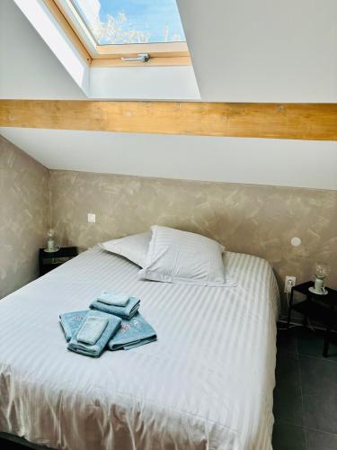 une chambre avec un lit avec deux serviettes dessus dans l'établissement Très joli logement, à Anould