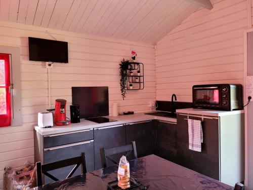 a kitchen with a table and a microwave on a counter at LES CHALETS de MONTORGUEIL in Saurat