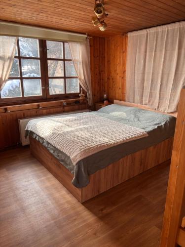 a bedroom with a bed in a room with windows at Chata u rybníka Machčák in Třebušín