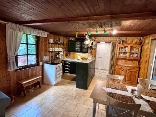 a kitchen with wooden walls and a table and chairs at Chata u rybníka Machčák in Třebušín
