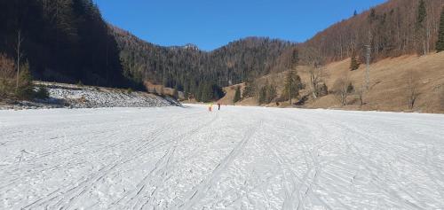 a snow covered road with people standing on it at AlVa- relax a oddych v Slovenskom raji in Dedinky