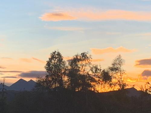 a sunset with trees in the foreground at Tawny Owl Pod with Hot Tub in Oban