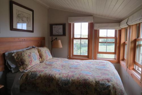 a bedroom with a bed and two windows at Devil's Cove in Port Rexton