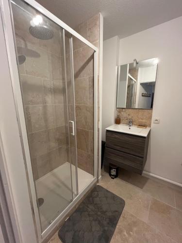 une salle de bain avec douche et lavabo dans l'établissement Large bright T4, tram, parking, à Bordeaux