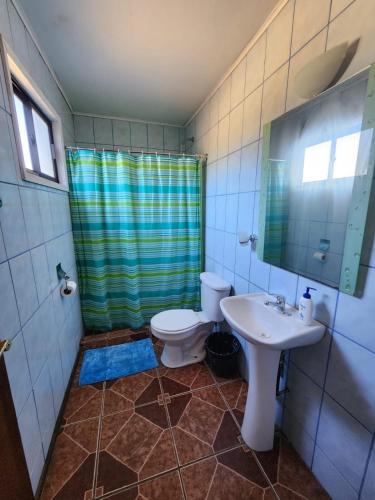 a bathroom with a toilet and a sink and a shower at Amplia casa y sitio, lado aeropuerto, 4D, 2B in Pucón