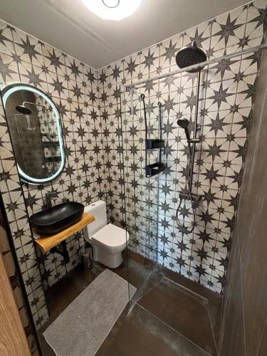 a bathroom with a shower and a toilet and a mirror at Villa Šoti in Mlini
