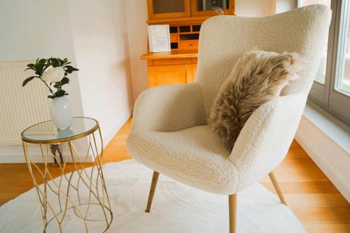 a dog sleeping in a chair next to a table at Penthouse am Dom- Altstadt in 200 m- 4 Dachterrassen, stilvoll und ruhig-Self Check-6 Personen in Paderborn