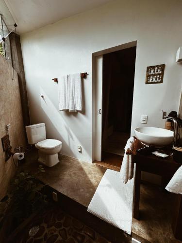 a bathroom with a sink and a toilet and a mirror at Vila Abaton in Alto Paraíso de Goiás
