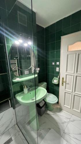 a green bathroom with a sink and a toilet at Apartament Panoramic Toplița in Topliţa
