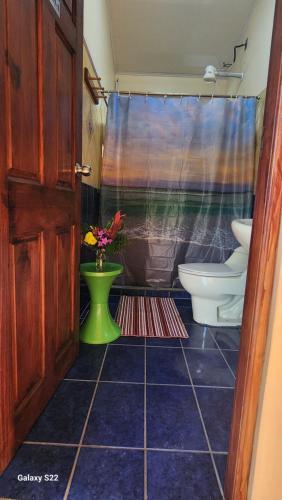a bathroom with a toilet and a vase of flowers at YETHAN HOUSE in Uvita