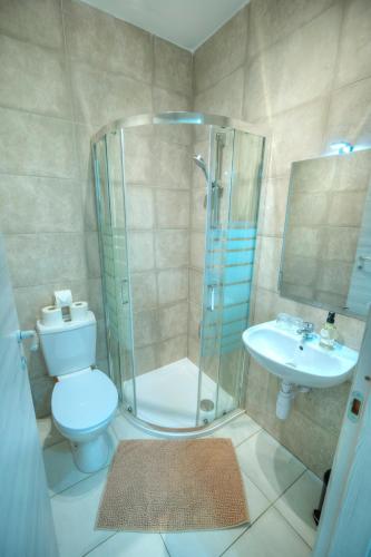 a bathroom with a shower and a toilet and a sink at Seafront 2 bedroom with balcony & jacuzzi GOGZR-6 in Il-Gżira