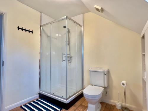 a bathroom with a shower and a toilet at Quiet Flat near Biggin Hill Airport Parking 1 Bed in Westerham