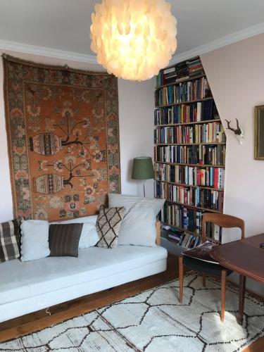 - un salon avec un canapé et des étagères dans l'établissement Cozy Montmartre apartment with views over rooftops, à Paris