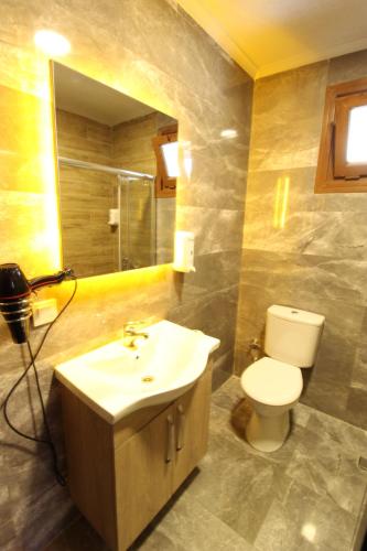 a bathroom with a sink and a toilet and a mirror at Sahra Kent Otel Kadıköy in Istanbul