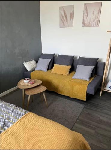 un salon avec un canapé et une table dans l'établissement 1 Studio cozy a 30 minutes de Paris centre, à Houilles