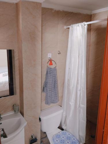 a bathroom with a toilet and a shower curtain at Hotel Victoria in Iquique