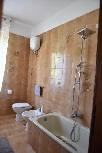a bathroom with a bath tub and a toilet at Il Casale Delle Rose in Colle Micotti