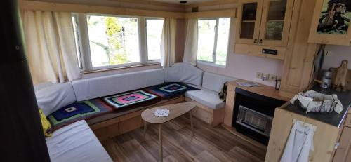 a living room with a couch in a tiny house at La Petite Maison dans La Mégie Tiny House in Troche