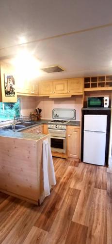 une cuisine avec un évier et une cuisinière four supérieur dans l'établissement La Petite Maison dans La Mégie Tiny House, à Troche