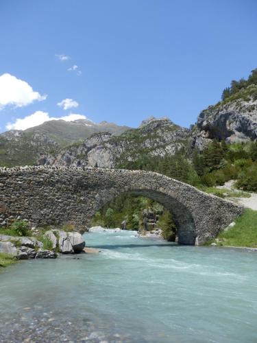 a stone bridge over a river in a mountain at Apartamento Bujaruelo in Torla