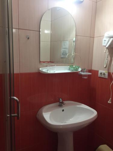 a bathroom with a sink and a mirror at Vila Aosta 21 in Sinaia