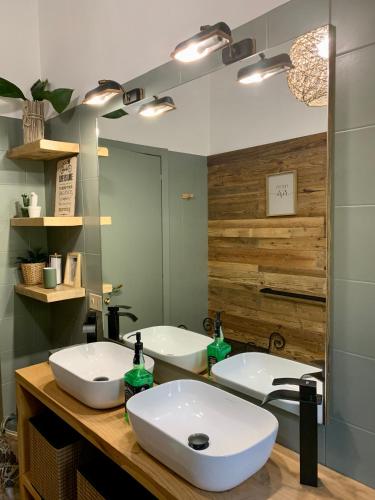 a bathroom with two sinks and a large mirror at Agriturismo La Terrazza su Farfa in Castelnuovo di Farfa