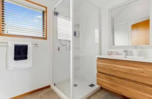 a white bathroom with a shower and a sink at Homestay near CHC Airport - 2 rooms in Christchurch