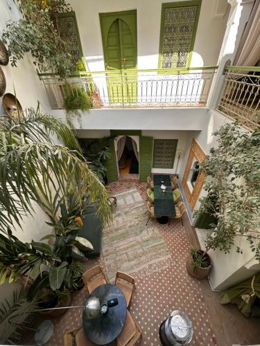 vista sul soffitto di un soggiorno con piante di Riad Dar Adal exclusivité 2 à 6 personnes petit déjeuner compris place jemaa El fna a Marrakech