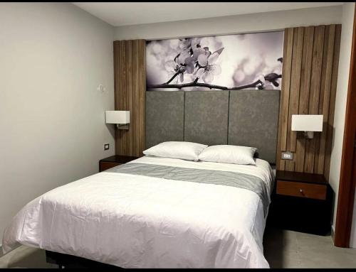 a bedroom with a white bed and a painting on the wall at Hotel Residencial Dentus in Tacna