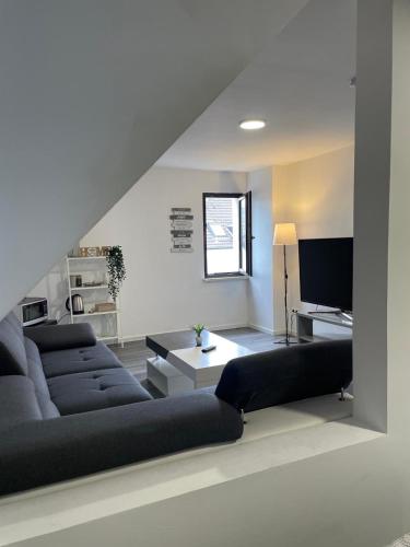 a living room with two couches and a tv at HomeBerg Duisburg - feine 3 Zimmer, 4 Betten, 60qm in Top Lage in Duisburg