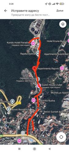 a map of a road with a red line at Dale apartment Becici- Paradiso in Budva