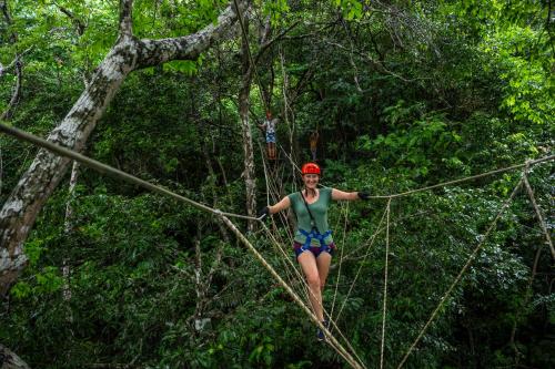 a woman walking across a rope bridge in the jungle at TerrAmor Ecoliving in Alter do Chao