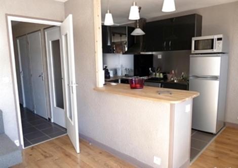 - une cuisine avec un comptoir et un four micro-ondes dans l'établissement 2 Alpes Les Bleuets, à Les Deux Alpes