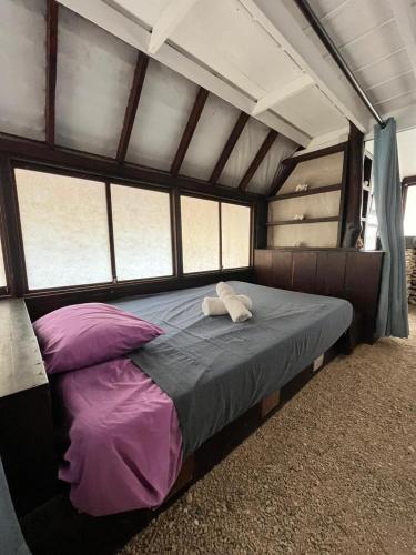 a bed with two pillows in a room with windows at Vahaui Paradis in Avatoru