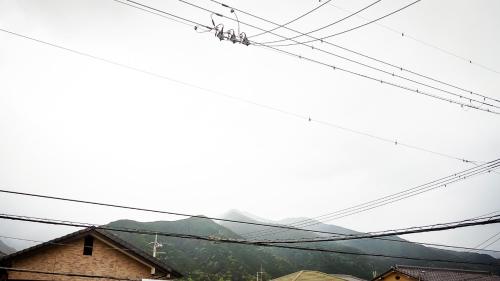 a bunch of power lines with mountains in the background at 新居浜旧街道コミュニティハウス大倉屋 in Niihama