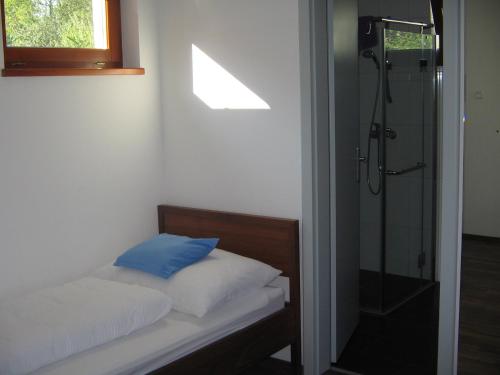 a bed with a blue pillow and a shower at Baláca Panzió in Veszprém