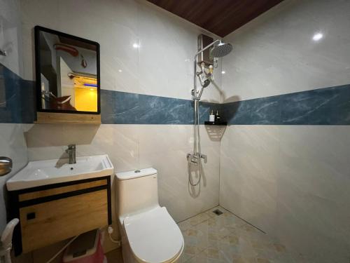 a bathroom with a toilet and a sink and a shower at Blue Village Maamigili in Maamigili
