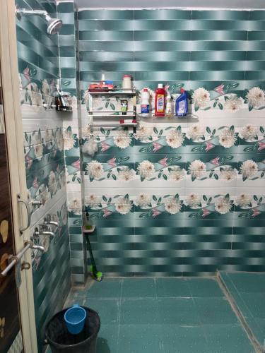a shower stall with blue and white flowers on the wall at Kailashpati Niwas in Prayagraj