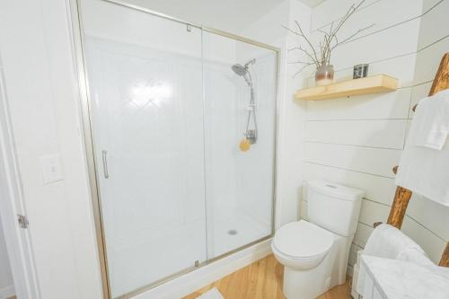 a bathroom with a shower and a toilet at Darlin' Downtown Dawghouse in Athens