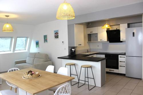 une cuisine et un salon avec une table et des chaises dans l'établissement Appartement l'esprit de Lourdes, proche sanctuaire et gare, vue sur le château, à Lourdes