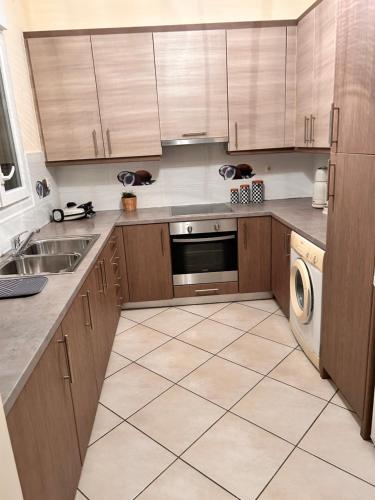 a kitchen with wooden cabinets and a dishwasher at Latomi Sea View in Chios