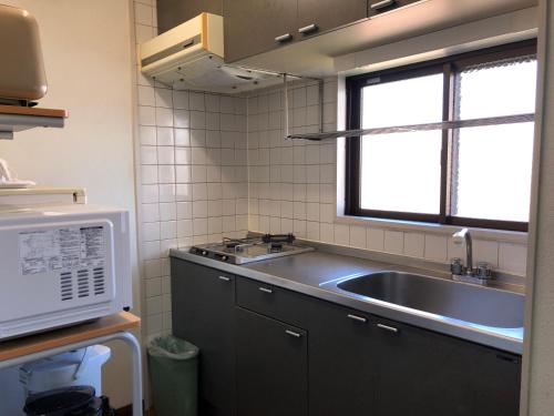 a kitchen with a sink and a microwave at Weekly Harbourview Mansion Main Building in Naha