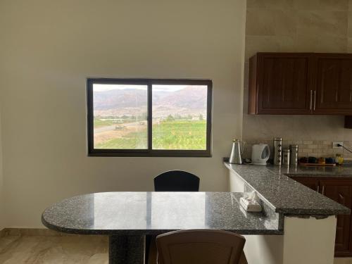 a kitchen with a counter top and a window at Guest house in Ghawr alsafi in Aş Şāfī