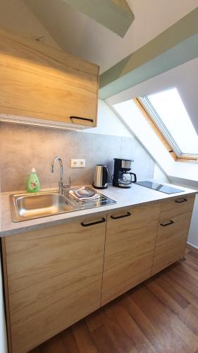 a kitchen with a sink and a stove at Good Stay Aparthotel mit kostenlosen Parkplätzen in Dresden