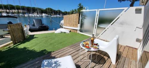a cat laying on a deck next to the water at MARINA Belle vue avec appontement in Le Grau-du-Roi